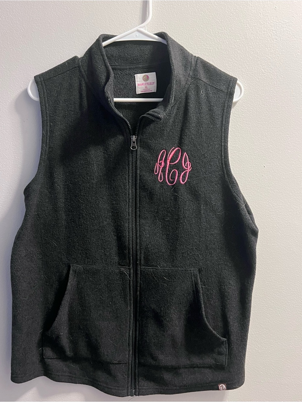 Black Fleece Zip Vest with Pink Monogram